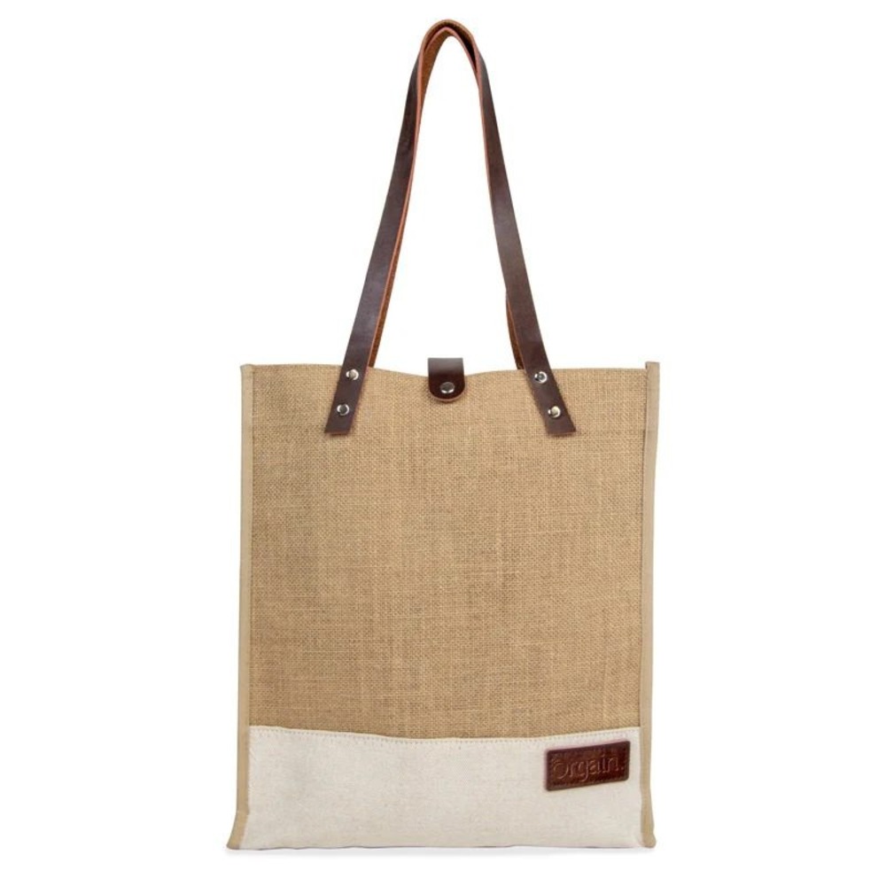 Orgain Jute Tote Bag Natural Tan Brown Leather Straps Pockets